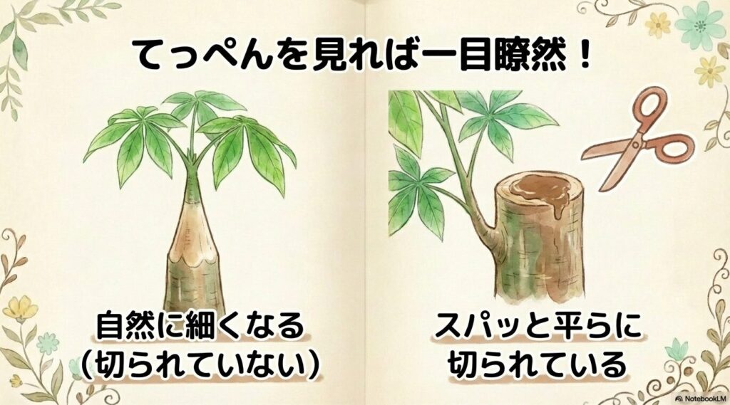 切られていない実生株の先端と、スパッと切られた挿し木株の先端を比較した図解