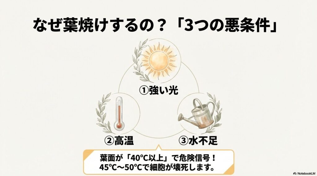 パキラの葉焼けを引き起こす3つの悪条件（強い光、高温、水不足）を示す太陽と葉のイラスト