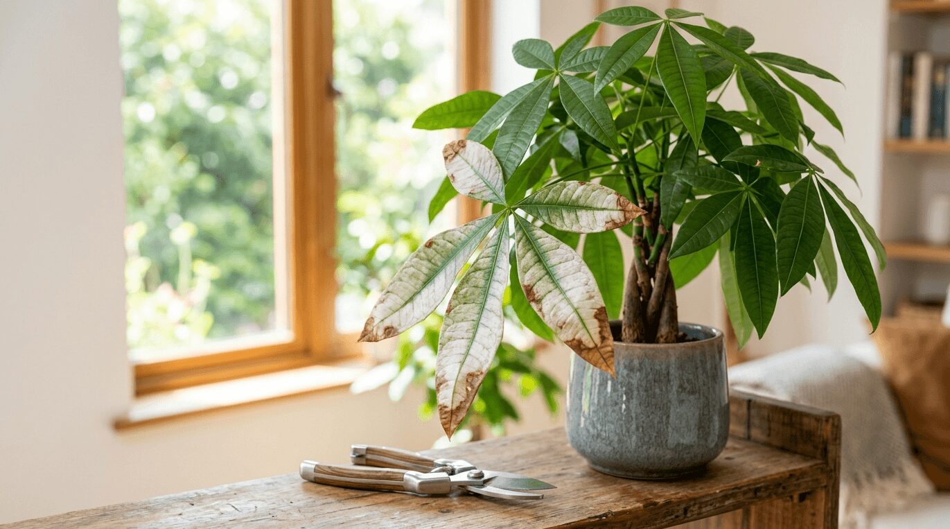 窓際の木製棚に置かれた、葉焼けして白や茶色に変色したパキラと手前の剪定バサミ