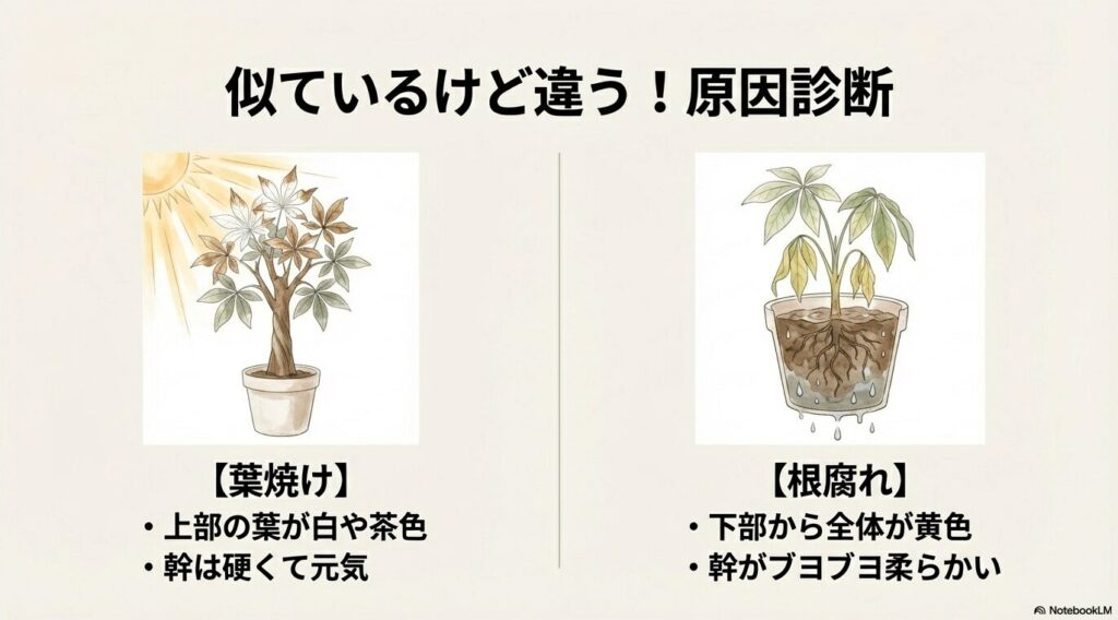 葉焼け（上部の葉が変色、幹は元気）と、根腐れ（下部から全体が黄色、幹がブヨブヨ）の症状の違いを比較したパキラのイラスト
