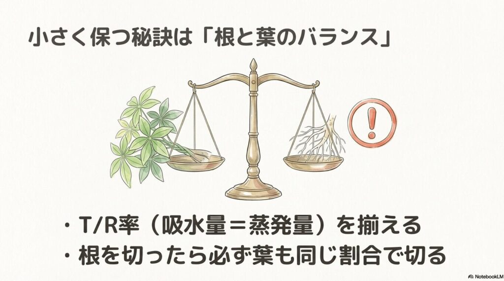 天秤に乗ったパキラの葉と根っこが釣り合い、根を切ったら葉も切るバランスの重要性を示すイラスト