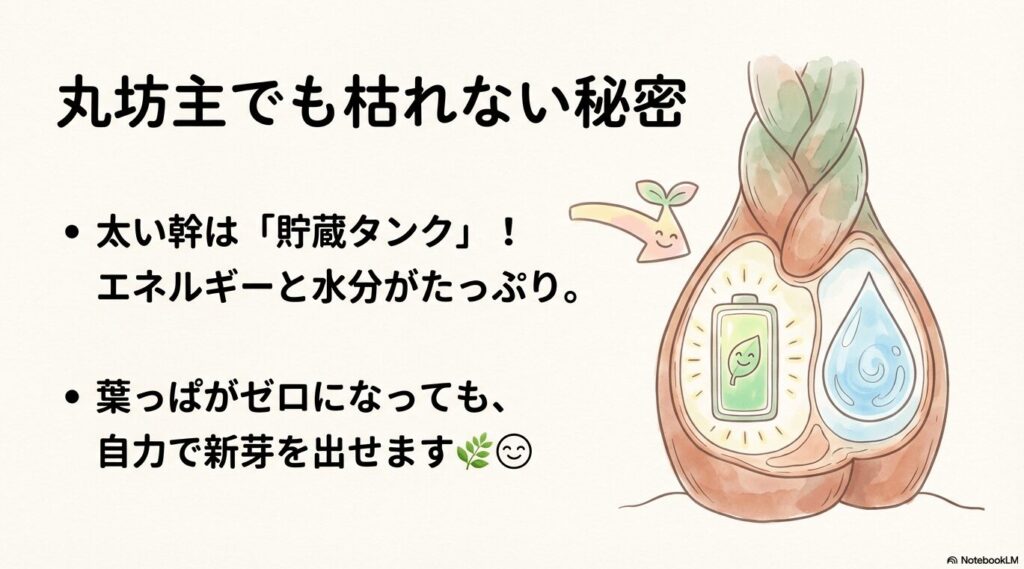 水分とエネルギーを蓄えるパキラ特有の貯蔵タンク構造の図解