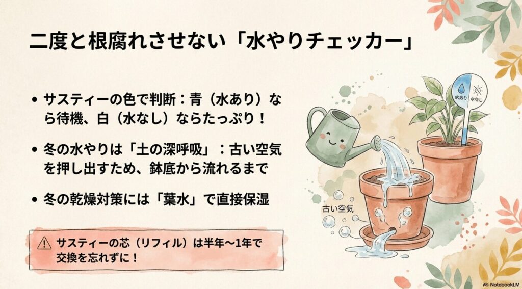 サスティーの色による水やり判断と、古い空気を押し出す土の深呼吸の仕組み