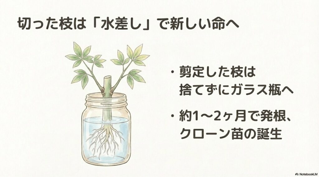 剪定して切り落としたパキラの枝をガラス瓶の水に挿して発根させているイラスト
