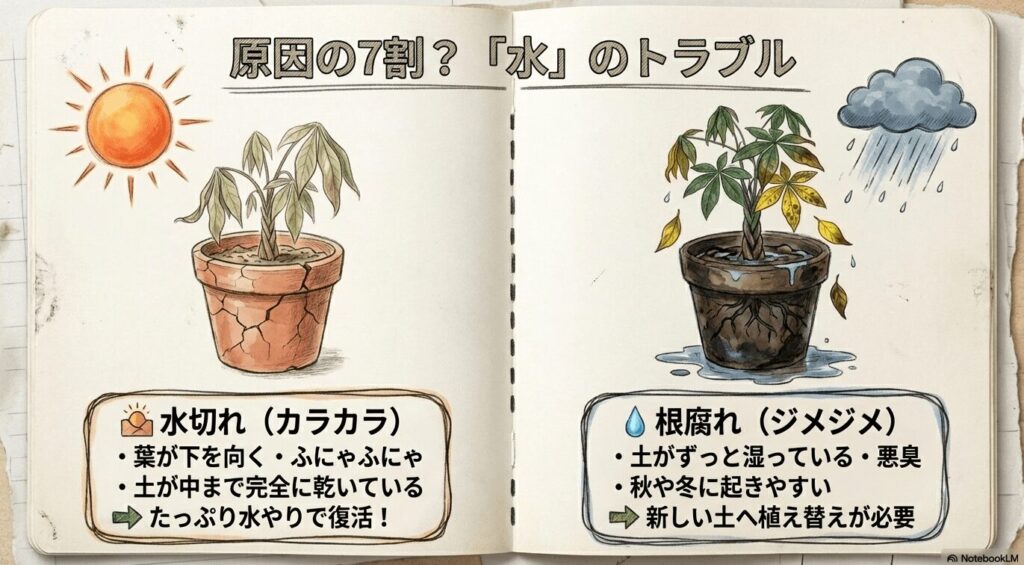 パキラの葉がふにゃふにゃになる水切れと、土がジメジメして葉が黄色くなる根腐れの比較図