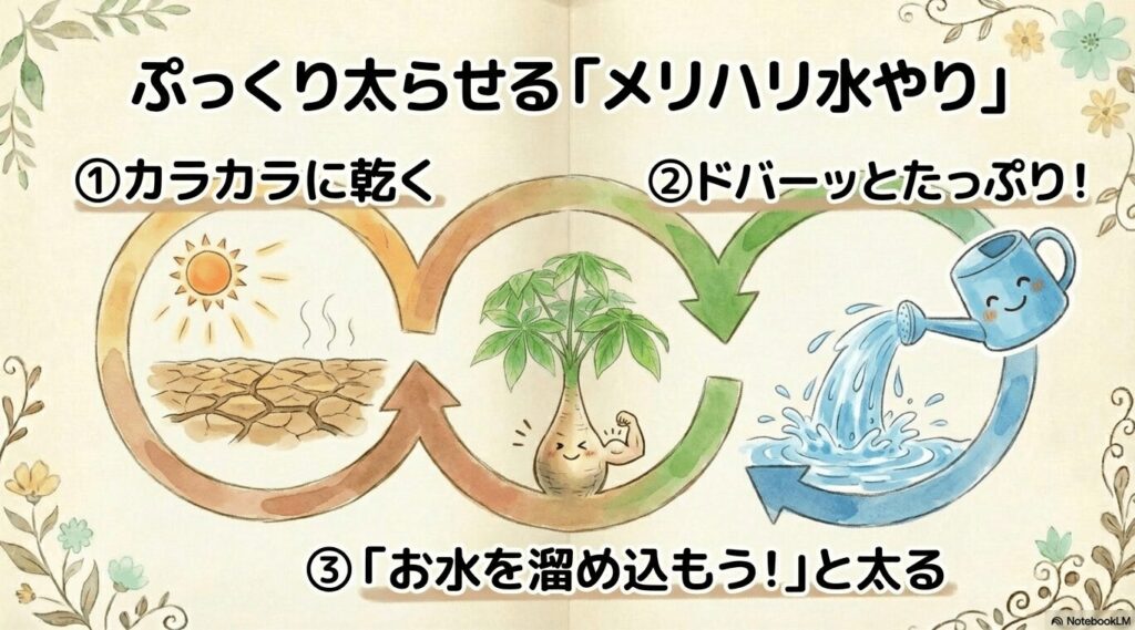 パキラを太らせるための「乾かす」「たっぷり与える」メリハリ水やりの図解
