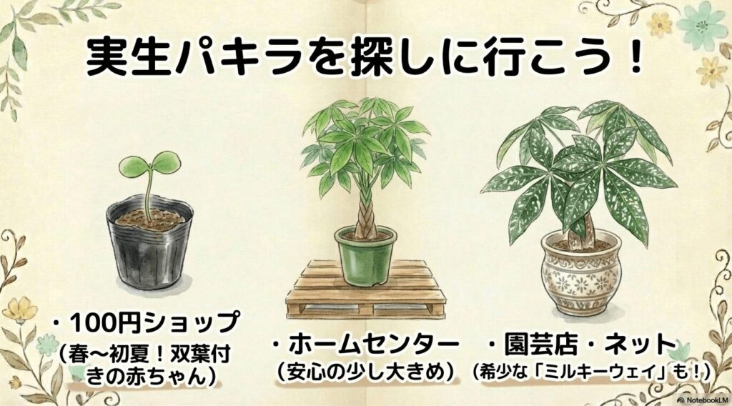 100円ショップやホームセンターなど実生パキラが買える場所のイラスト