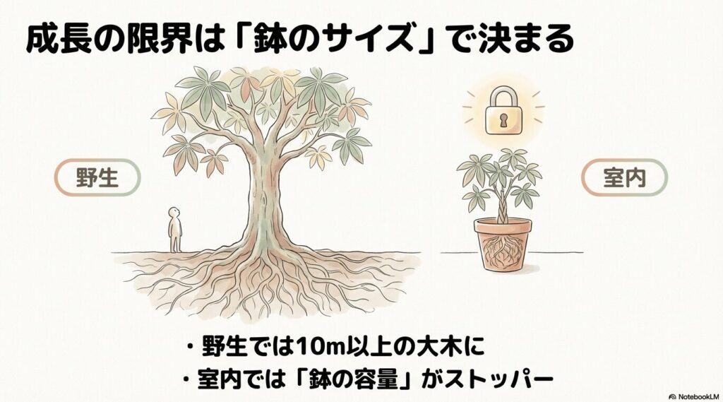 野生で大きく育つパキラと、鉢のサイズで成長が制限される室内のパキラの比較イラスト