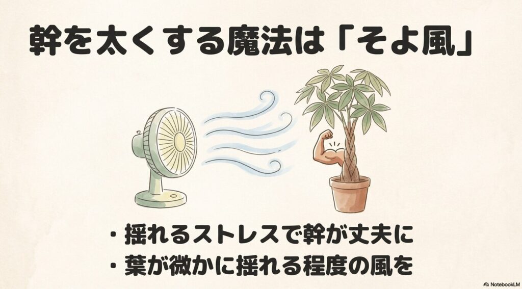 そよ風に揺れるストレスでパキラの幹が太く丈夫に育つ仕組みを表した力こぶのイラスト