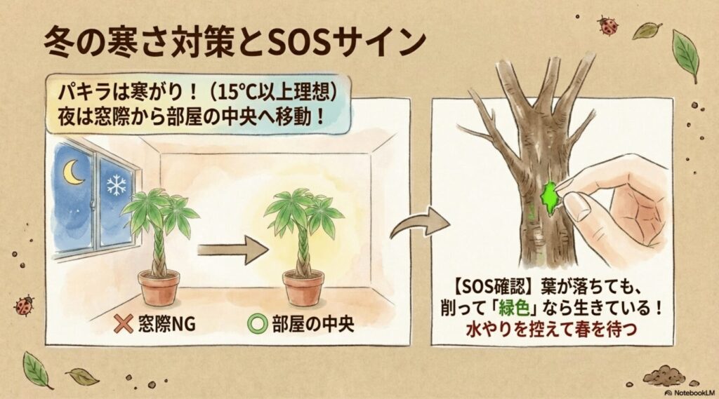 夜は窓際を避けて部屋の中央へ移動させ、葉が落ちても幹を削って緑色なら生きているサイン