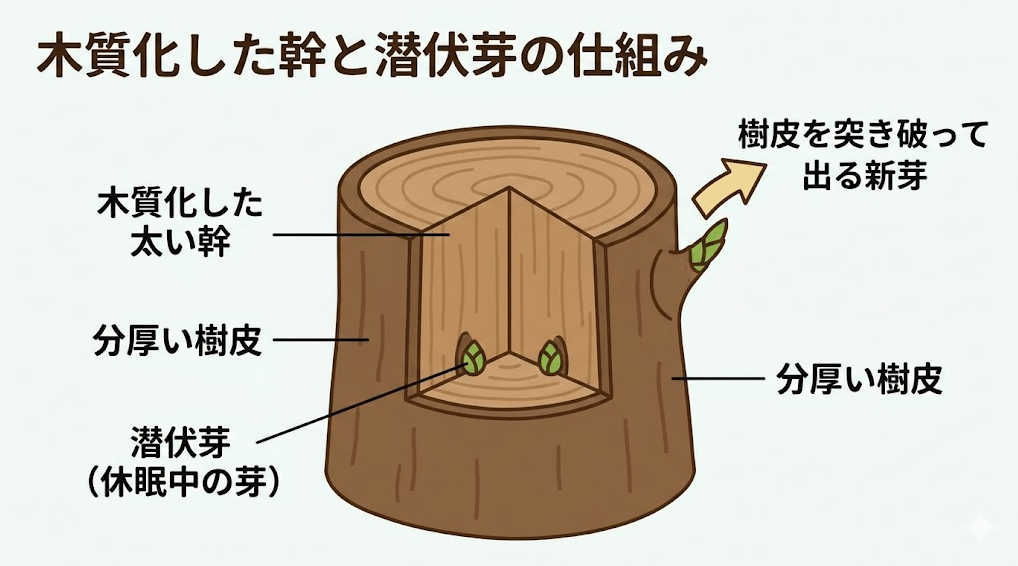 パキラをバッサリ剪定した際、木質化した太い幹の分厚い樹皮の下で休眠している「潜伏芽」が、樹皮を突き破って新芽として出てくる仕組みの図解。