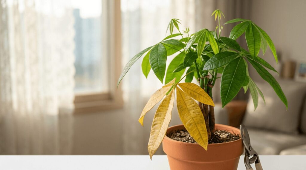 一部の葉が黄色くなったパキラの鉢植えと剪定バサミ