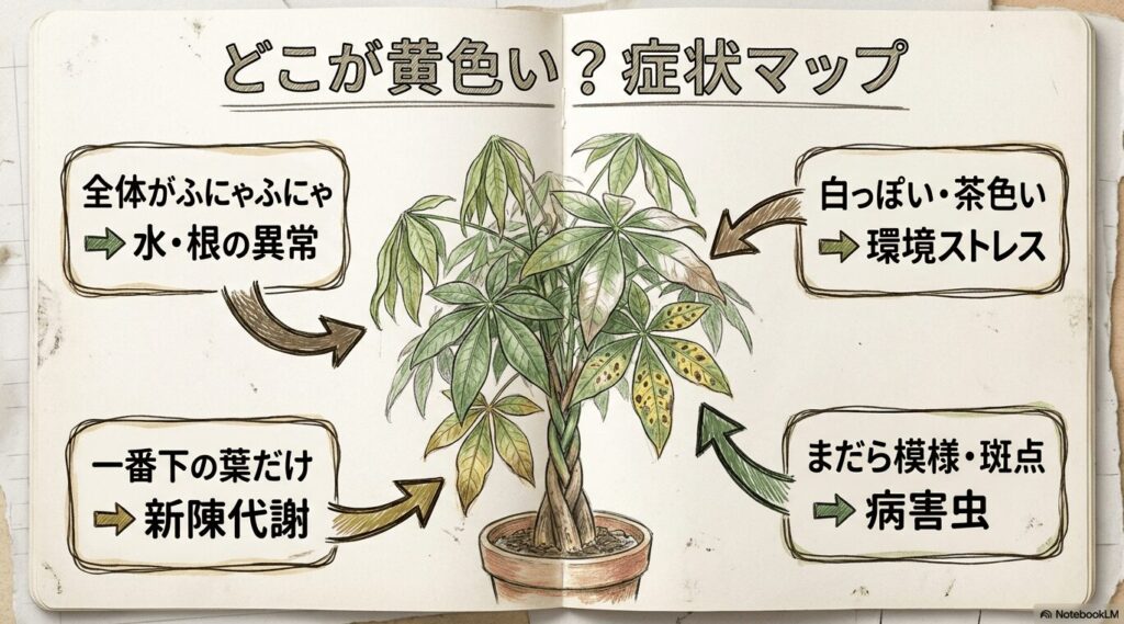 ふにゃふにゃ、茶色、まだら模様などパキラの葉が黄色くなる症状別の原因マップ
