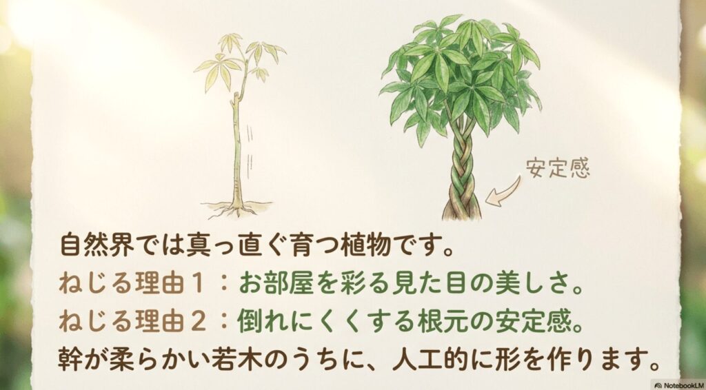 パキラの幹をねじることで得られる「安定感」と「美しさ」を説明するイラスト