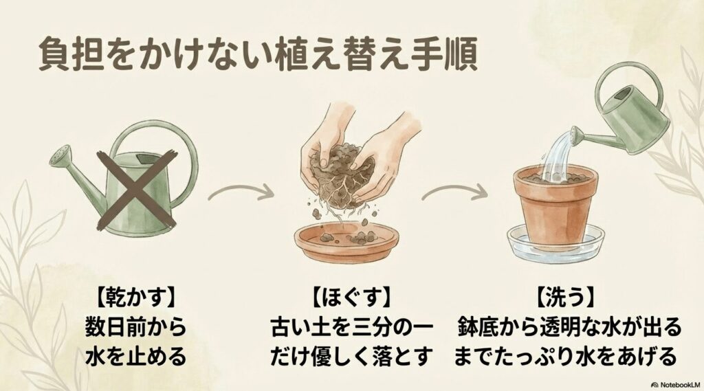 土を数日前から乾かす、古い土を落とす、透明な水が出るまでたっぷり洗う手順の図解。