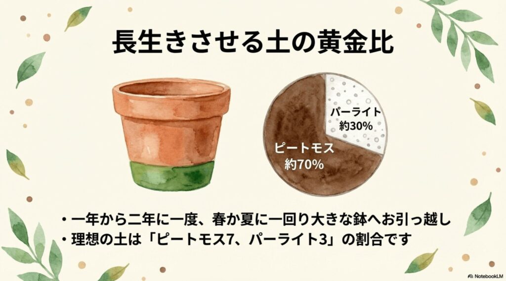 ピートモス7割とパーライト3割の配合比率を示すグラフと植え替え時期の説明スライド