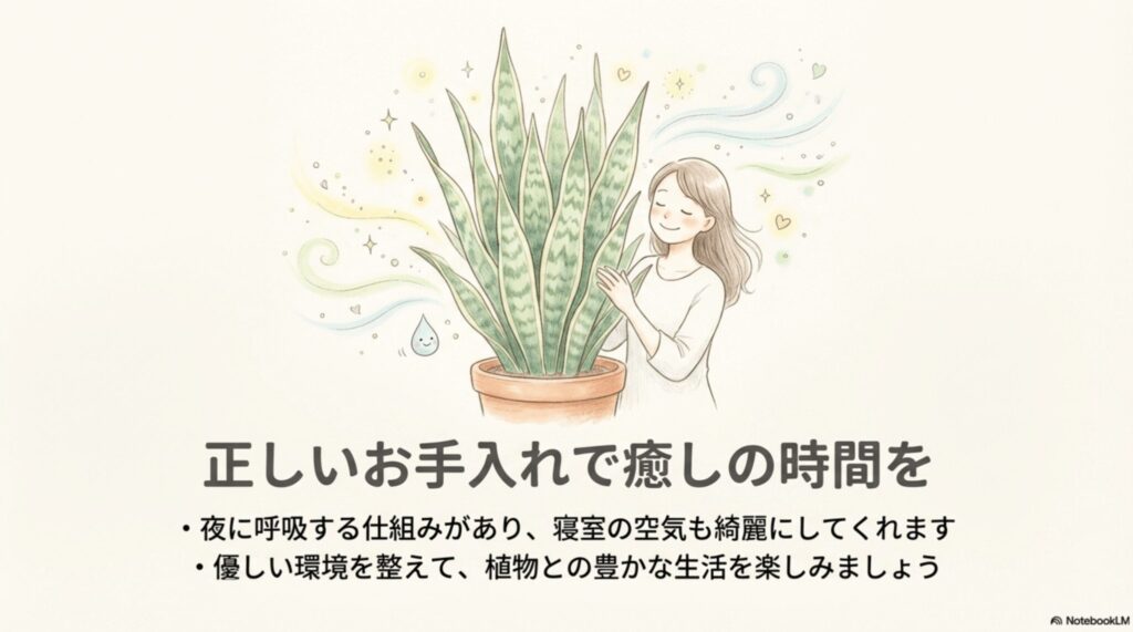 サンスベリアを愛でる女性のイラストと、空気清浄効果について触れたエンディングスライド