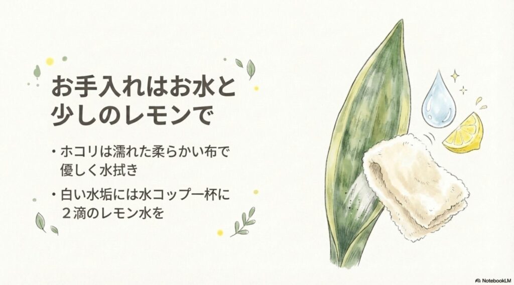 布で葉を拭くイラストと、水垢対策にレモン水を使う手順が書かれたスライド