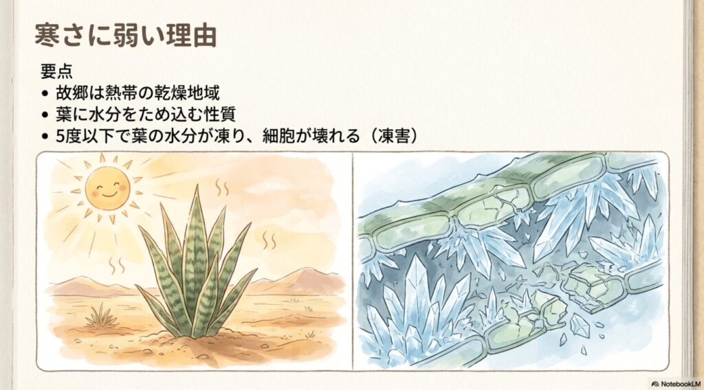 サンスベリアが寒さに弱い理由。気温が5度以下になると葉の中の水分が凍り、内側から細胞が壊れてしまう凍害のメカニズム