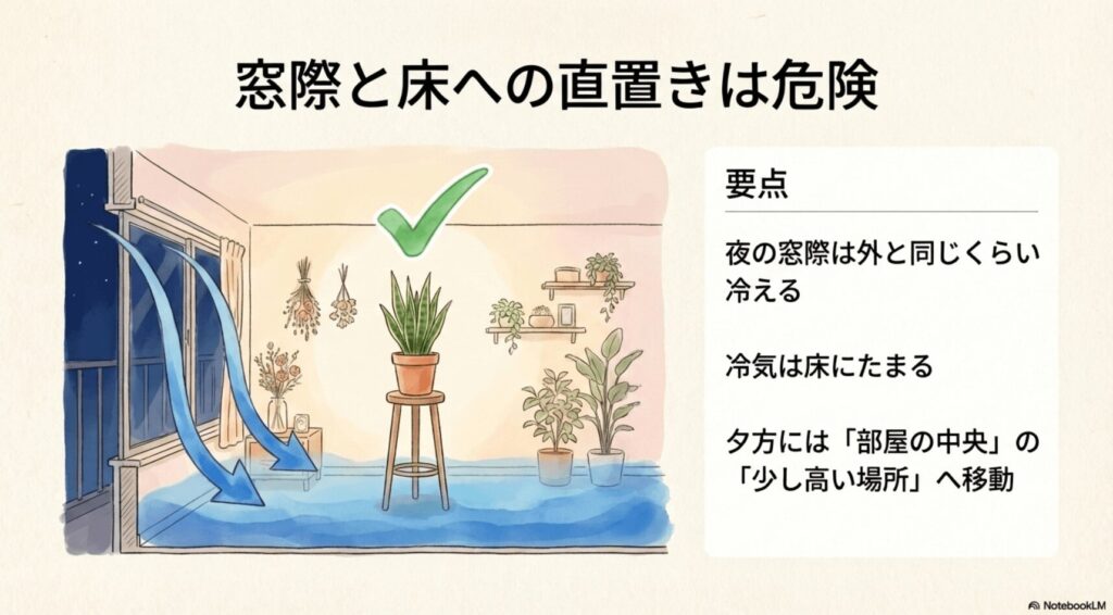 窓際と床への直置きは危険。夜の窓際から冷気が床にたまるコールドドラフト現象を防ぐため、部屋の中央の少し高い場所へ移動させる様子