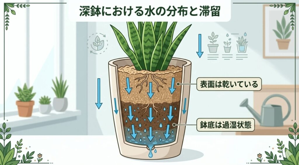 深鉢における水の分布と滞留を解説した断面図。表面の土は乾いているが、重力によって水分が下へ移動するため、鉢底には水が溜まり過湿状態になりやすいことを青い矢印と水滴で示している。