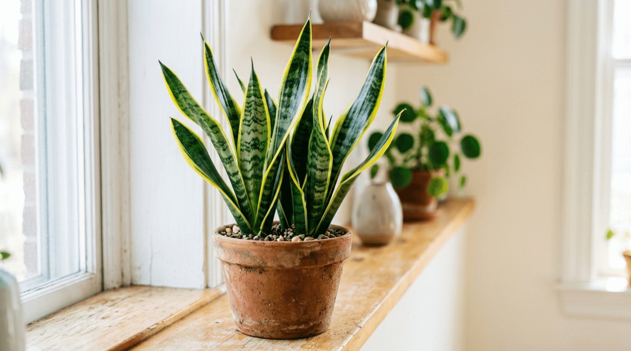 明るい窓辺に置かれたサンスベリアの鉢植え（サンセベリアとサンスベリアの違い・育て方を解説）