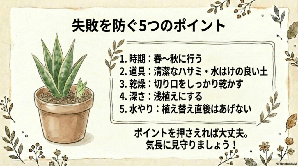サンスベリアの株分けの失敗を防ぐ5つのポイント（時期、道具、乾燥、深さ、水やり）のまとめ