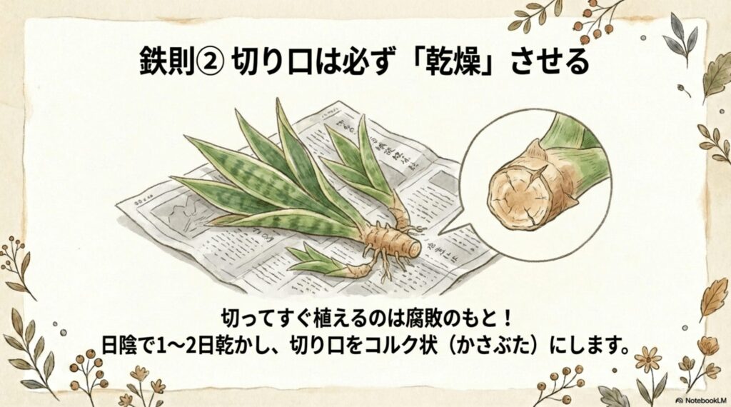 サンスベリアの株分けの鉄則2：切り口は必ず日陰で1〜2日乾燥させてコルク状のかさぶたを作る