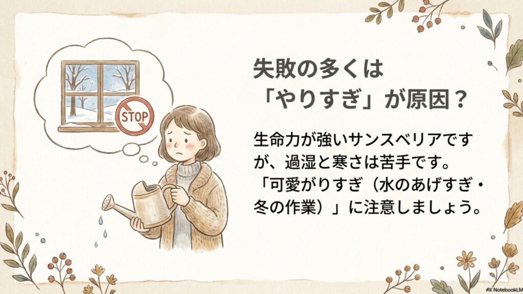 サンスベリアの株分け失敗の多くは水のあげすぎや冬の作業など、可愛がりすぎによるやりすぎが原因