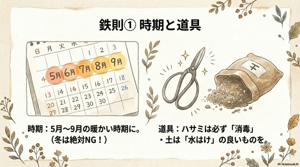 サンスベリアの株分けの鉄則1：時期は5月〜9月の暖かい時期に行い、道具は消毒したハサミと水はけの良い土を使う