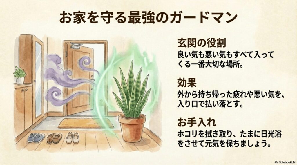 玄関の役割や、悪い気を払い落とす効果、ホコリを拭き取るなどのサンスベリアのお手入れ方法について 。