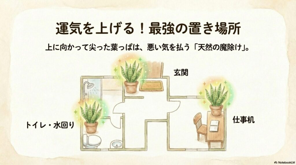 サンスベリアの風水効果を高めるおすすめの置き場所（玄関、トイレ、仕事机）