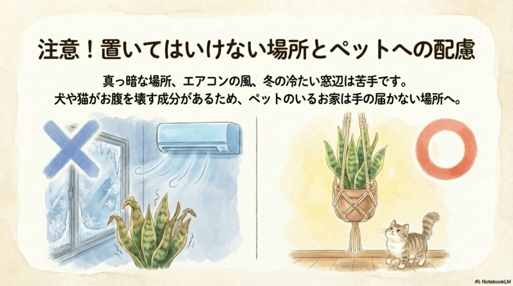 サンスベリアを置いてはいけない場所（エアコンの風、冬の窓辺）とペットへの配慮
