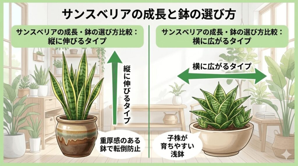 サンスベリアの成長の仕方と鉢の選び方を比較したイラスト。左側は縦に伸びるタイプで、転倒防止のために重厚感のある鉢を使用。右側は横に広がるタイプで、子株が育ちやすい浅鉢を推奨している。