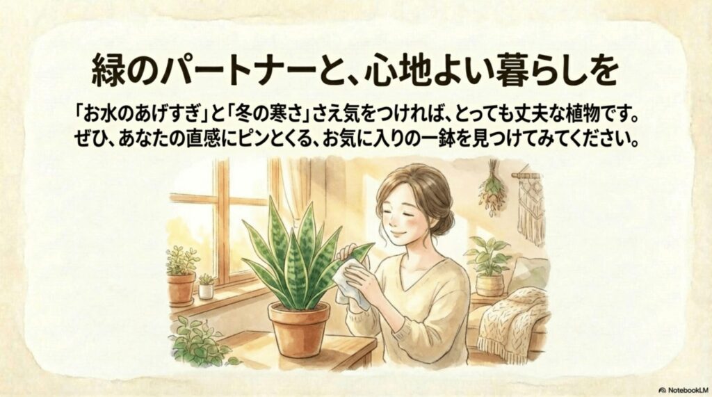 緑のパートナーであるサンスベリアとお手入れをする女性