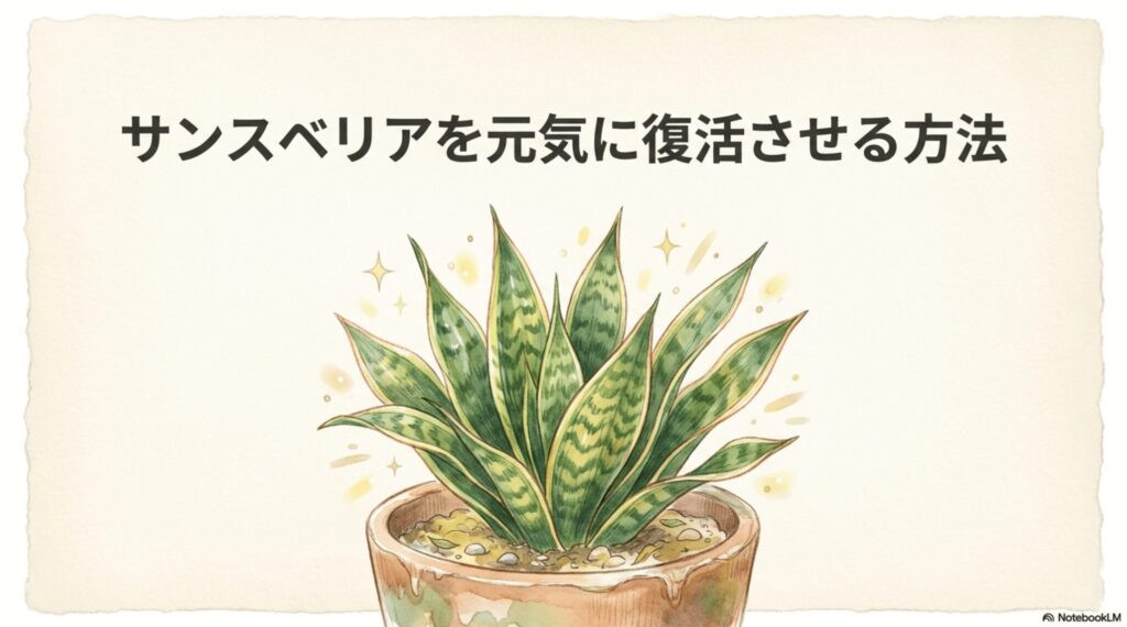 光を浴びて元気に育つ、葉の色が濃いサンスベリアのイラスト