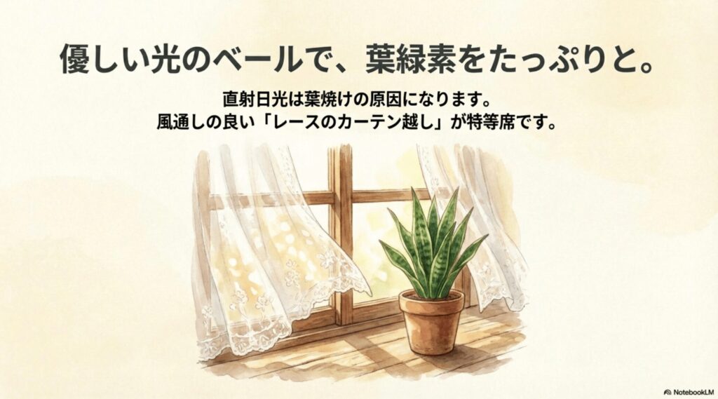 窓辺のレースカーテン越しに、柔らかい光を浴びている健康なサンスベリアのイラスト