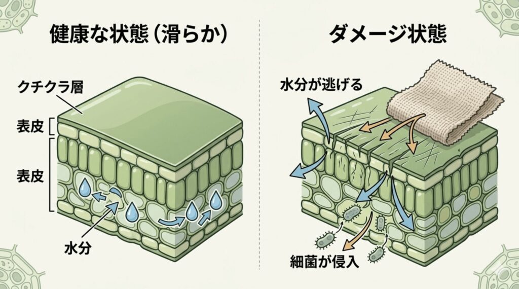 植物の葉の断面図。水分を保持している滑らかな健康なクチクラ層と、粗い布でこすられて細かい傷がつき、水分が逃げて細菌が侵入しやすくなったダメージ状態を比較した図解。