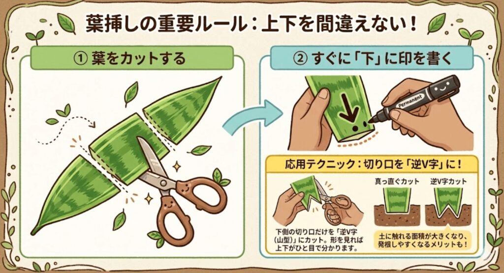 サンスベリアの葉挿しの重要ルール「上下を間違えない」。葉をカットした直後にペンで「下」に印を書く方法と、下側の切り口を逆V字(山型)にカットして上下を見分ける応用テクニックのイラスト