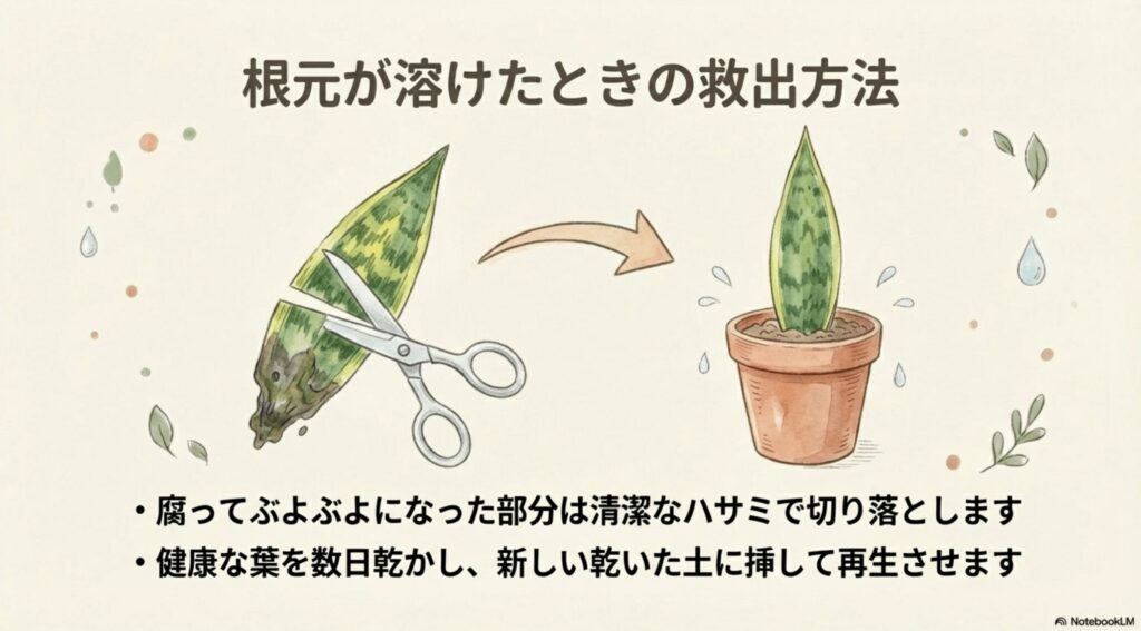 腐った部分を切り取り、健康な葉を土に挿して再生させる手順のイラストスライド