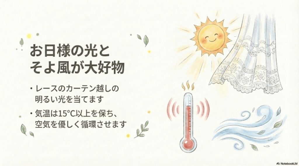 カーテン越しの光と15度以上の気温を推奨する、サンスベリアの栽培環境スライド