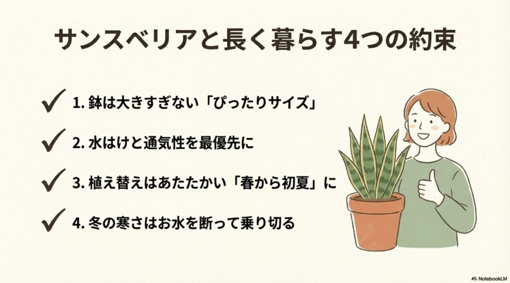 サンスベリアと笑顔の女性のイラスト。「ぴったりサイズ」「水はけと通気性を最優先」「春から初夏に植え替え」「冬の寒さはお水を断つ」という4つのまとめポイント。