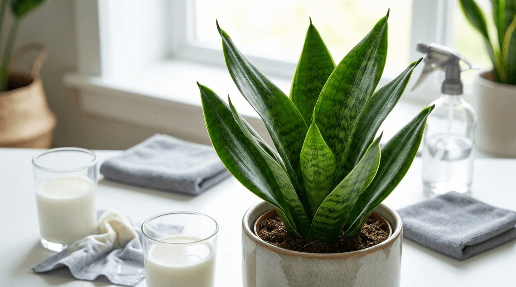 窓辺のテーブルに置かれたサンスベリアの鉢植えと、お手入れを連想させるグラスに入った牛乳、スプレーボトル、拭き掃除用の布。