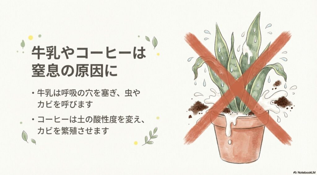 サンスベリアに牛乳がかかっているイラストに赤い大きなバツ印がついた、窒息のリスクを説明するスライド