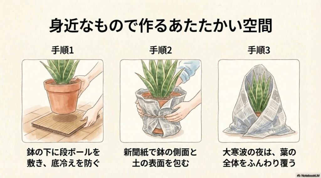 身近なもので作るあたたかい空間の手順。鉢の下に段ボールを敷き、鉢の側面と表面を新聞紙で包み、大寒波の夜は葉の全体を覆う防寒対策