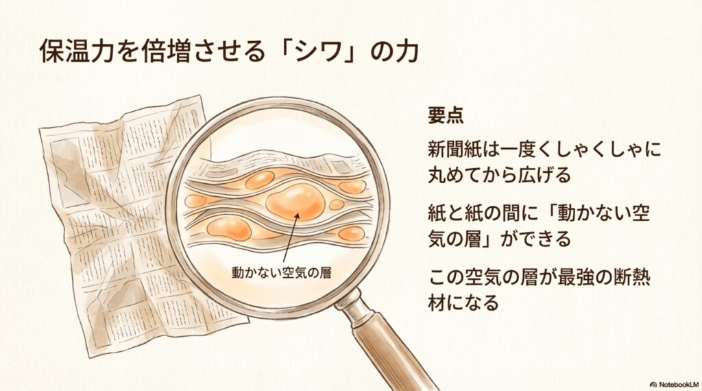 保温力を倍増させる新聞紙のシワの力。くしゃくしゃに丸めた新聞紙の隙間にできる「動かない空気の層」が最強の断熱材になる仕組み