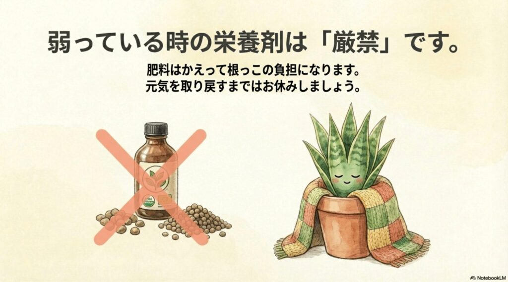 肥料のボトルと粒にバツ印がつき、サンスベリアが毛布に包まって休んでいるイラスト
