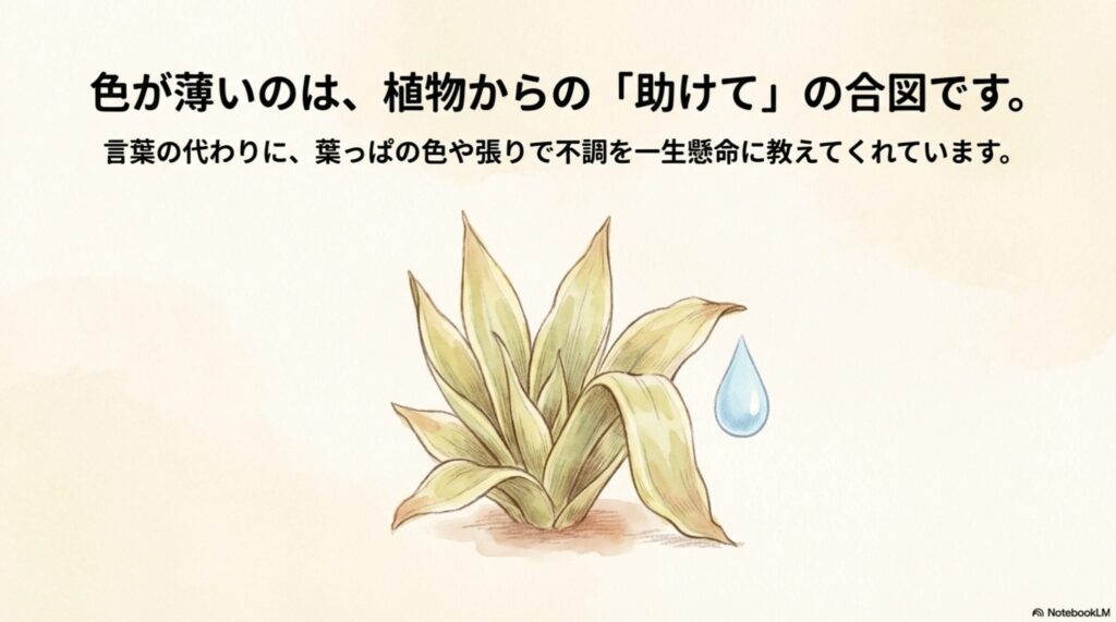 水不足により葉の色が薄くペラペラになり、しおれたサンスベリアのイラスト