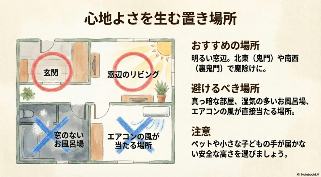 玄関や窓辺のリビングなどのおすすめの置き場所と、窓のないお風呂場やエアコンの風が当たる場所などの避けるべき場所をまとめた表 。