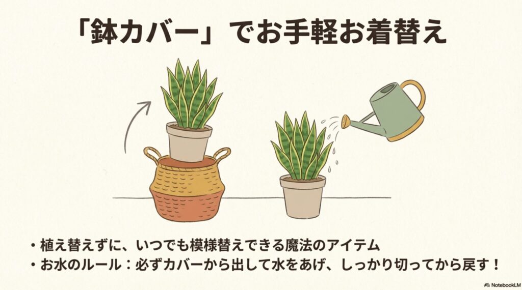 サンスベリアを鉢カバーに入れて飾る方法と、水やりの際は必ずカバーから出して水をあげ、しっかり切ってから戻すというルールを示すイラスト。